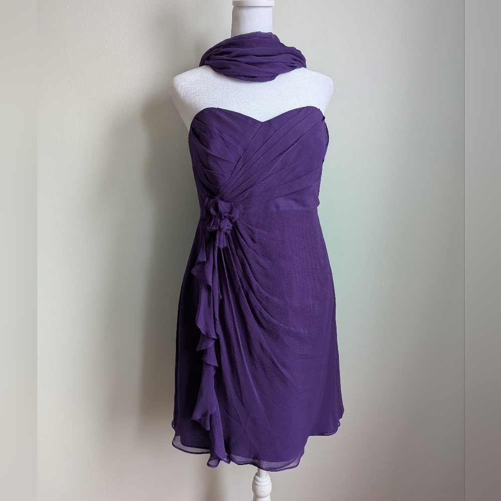 Vintage 2 Pc Purple Silk Strapless Mini Dress With Gathered Waist & Shawl Scarf